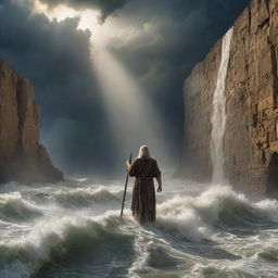 A dramatic image of Moses standing firm, his staff aloft, as he parts the tumultuous sea, revealing a dry pathway in the midst of towering walls of water, under a stormy sky pierced by beams of divine light