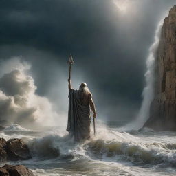 A dramatic image of Moses standing firm, his staff aloft, as he parts the tumultuous sea, revealing a dry pathway in the midst of towering walls of water, under a stormy sky pierced by beams of divine light