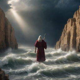 A dramatic image of Moses standing firm, his staff aloft, as he parts the tumultuous sea, revealing a dry pathway in the midst of towering walls of water, under a stormy sky pierced by beams of divine light