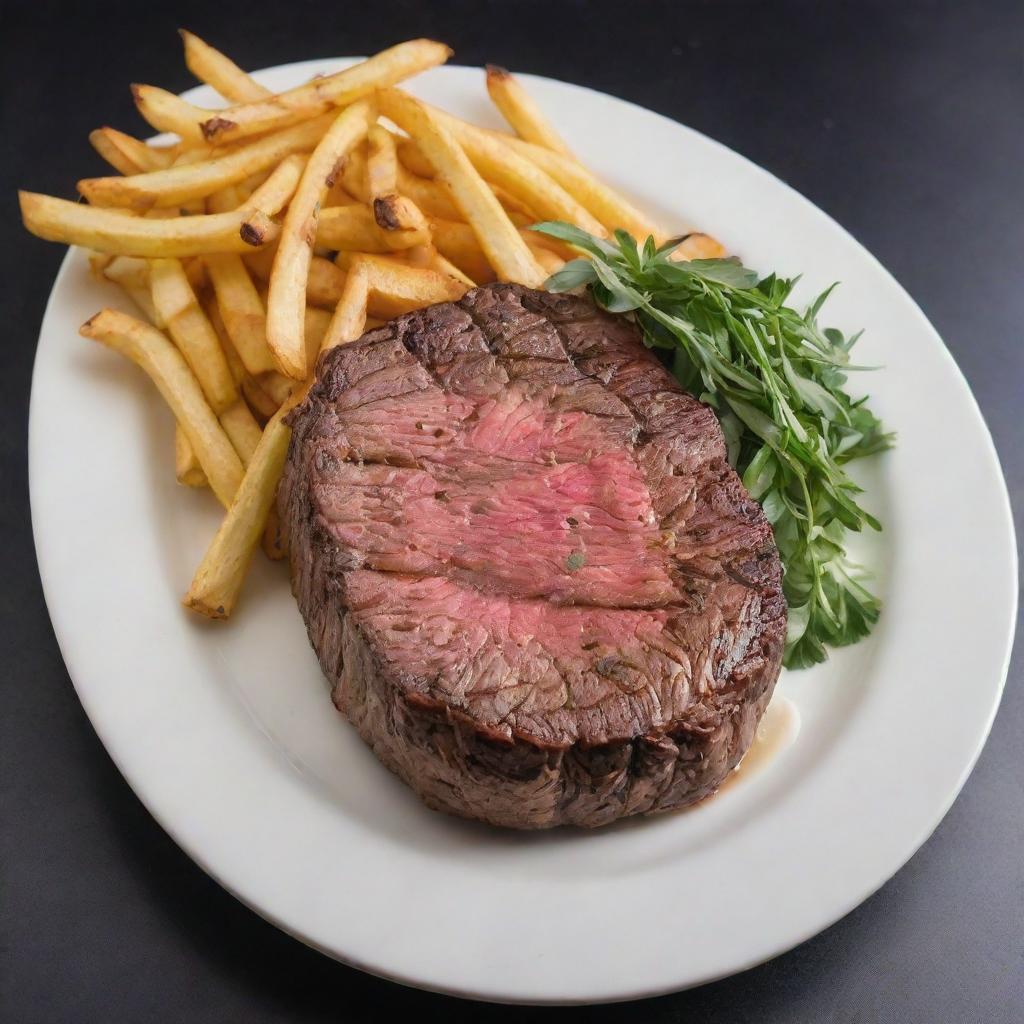 A succulent image of a premium $100 steak, perfectly seared with enticing grill marks, served on a fine china plate, accompanied by truffle-drizzled fries, garnished with fresh herbs and a slice of lemon