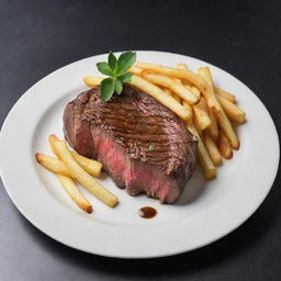 A succulent image of a premium $100 steak, perfectly seared with enticing grill marks, served on a fine china plate, accompanied by truffle-drizzled fries, garnished with fresh herbs and a slice of lemon