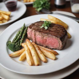 A succulent image of a premium $100 steak, perfectly seared with enticing grill marks, served on a fine china plate, accompanied by truffle-drizzled fries, garnished with fresh herbs and a slice of lemon