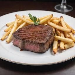 A succulent image of a premium $100 steak, perfectly seared with enticing grill marks, served on a fine china plate, accompanied by truffle-drizzled fries, garnished with fresh herbs and a slice of lemon