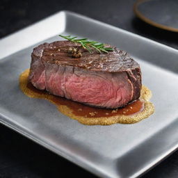 An extravagant picture of the world's most expensive steak, a perfectly marbled Kobe Wagyu beef cooked to perfection, resting on a gleaming silver platter, garnished with gold flakes, a sprig of rosemary, and served with a luxurious truffle sauce