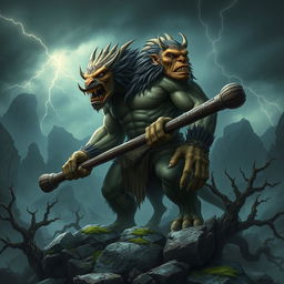 A fantasy creature resembling an Ettin, characterized by its two heads on a single body, towering over a rocky, misty landscape
