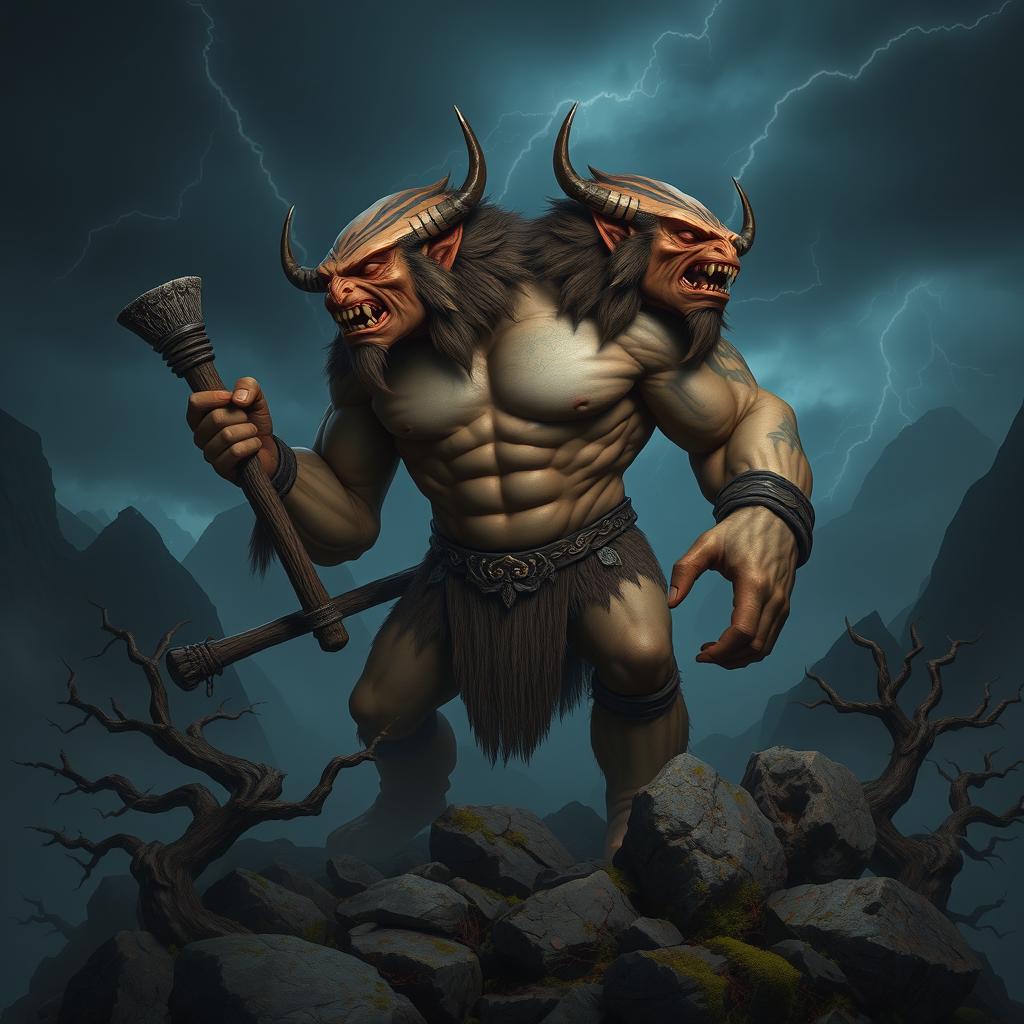 A fantasy creature resembling an Ettin, characterized by its two heads on a single body, towering over a rocky, misty landscape