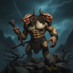 A fantasy creature resembling an Ettin, characterized by its two heads on a single body, towering over a rocky, misty landscape