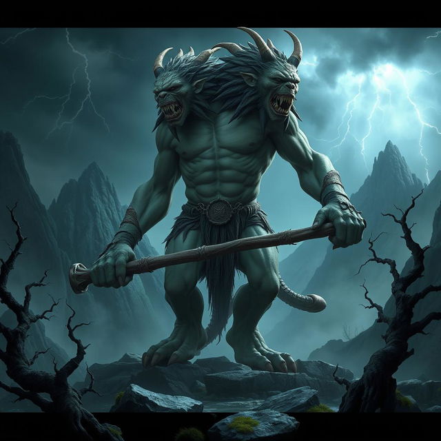 A fantasy creature resembling an Ettin, characterized by its two heads on a single body, towering over a rocky, misty landscape