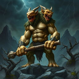 A fantasy creature resembling an Ettin, characterized by its two heads on a single body, towering over a rocky, misty landscape