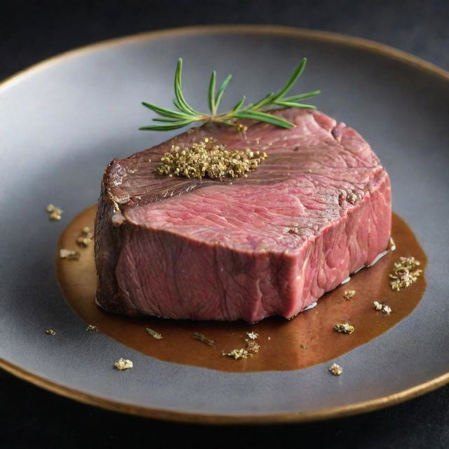 An extravagant picture of the world's most expensive steak, a perfectly marbled Kobe Wagyu beef cooked to perfection, resting on a gleaming silver platter, garnished with gold flakes, a sprig of rosemary, and served with a luxurious truffle sauce