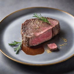 An extravagant picture of the world's most expensive steak, a perfectly marbled Kobe Wagyu beef cooked to perfection, resting on a gleaming silver platter, garnished with gold flakes, a sprig of rosemary, and served with a luxurious truffle sauce