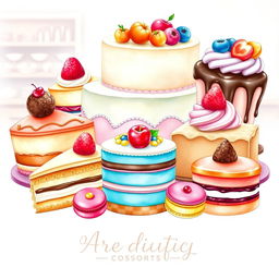 A beautifully arranged display of delicious desserts including cakes, pastries, and macarons, illustrated in a soft, vibrant watercolor style