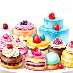 A beautifully arranged display of delicious desserts including cakes, pastries, and macarons, illustrated in a soft, vibrant watercolor style
