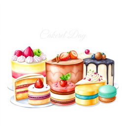 A beautifully arranged display of delicious desserts including cakes, pastries, and macarons, illustrated in a soft, vibrant watercolor style