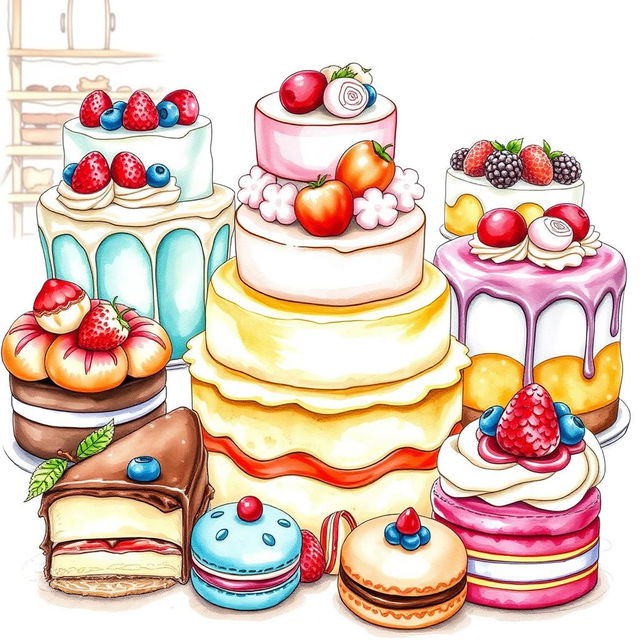 A beautifully arranged display of delicious desserts including cakes, pastries, and macarons, illustrated in a soft, vibrant watercolor style