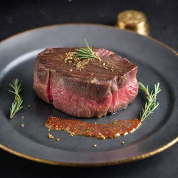 An extravagant picture of the world's most expensive steak, a perfectly marbled Kobe Wagyu beef cooked to perfection, resting on a gleaming silver platter, garnished with gold flakes, a sprig of rosemary, and served with a luxurious truffle sauce