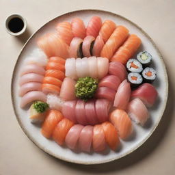 An enticing image of a precision-cut sushi platter, showcasing a vibrant array of fresh sashimi, maki rolls topped with glistening roe, beautifully arranged Nigiri with succulent fish on perfectly hand-pressed rice, served with pickled ginger, wasabi, and soy sauce