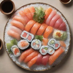 An enticing image of a precision-cut sushi platter, showcasing a vibrant array of fresh sashimi, maki rolls topped with glistening roe, beautifully arranged Nigiri with succulent fish on perfectly hand-pressed rice, served with pickled ginger, wasabi, and soy sauce