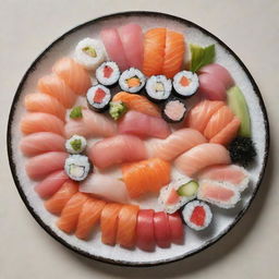 An enticing image of a precision-cut sushi platter, showcasing a vibrant array of fresh sashimi, maki rolls topped with glistening roe, beautifully arranged Nigiri with succulent fish on perfectly hand-pressed rice, served with pickled ginger, wasabi, and soy sauce