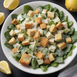 A visually appealing image of a Caesar salad, a crisp mix of romaine lettuce tossed with tangy Caesar dressing, nestled with crunchy golden croutons, generously sprinkled with freshly shredded Parmesan cheese, garnished with lemon wedges and a grind of black pepper