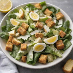 A visually appealing image of a Caesar salad, a crisp mix of romaine lettuce tossed with tangy Caesar dressing, nestled with crunchy golden croutons, generously sprinkled with freshly shredded Parmesan cheese, garnished with lemon wedges and a grind of black pepper