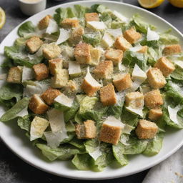 A visually appealing image of a Caesar salad, a crisp mix of romaine lettuce tossed with tangy Caesar dressing, nestled with crunchy golden croutons, generously sprinkled with freshly shredded Parmesan cheese, garnished with lemon wedges and a grind of black pepper