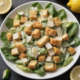 A visually appealing image of a Caesar salad, a crisp mix of romaine lettuce tossed with tangy Caesar dressing, nestled with crunchy golden croutons, generously sprinkled with freshly shredded Parmesan cheese, garnished with lemon wedges and a grind of black pepper