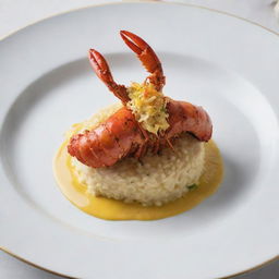 An image of an extravagantly expensive dish, featuring sumptuously grilled Maine lobster, served with saffron-infused risotto, garnished with shavings of rare white truffle, dusted with edible gold leaf, presented on a high-end designer dinnerware