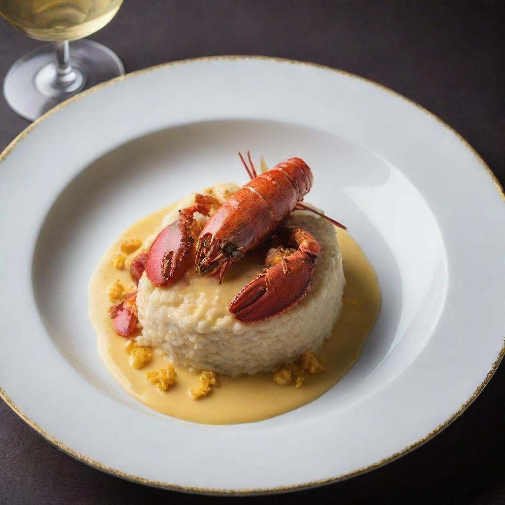 An image of an extravagantly expensive dish, featuring sumptuously grilled Maine lobster, served with saffron-infused risotto, garnished with shavings of rare white truffle, dusted with edible gold leaf, presented on a high-end designer dinnerware