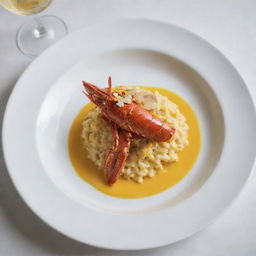 An image of an extravagantly expensive dish, featuring sumptuously grilled Maine lobster, served with saffron-infused risotto, garnished with shavings of rare white truffle, dusted with edible gold leaf, presented on a high-end designer dinnerware