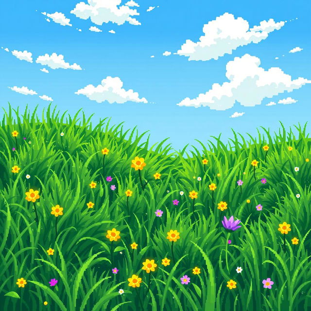 An intricate pixel art representation of a grassy landscape, showcasing various shades of green to depict different types of grass