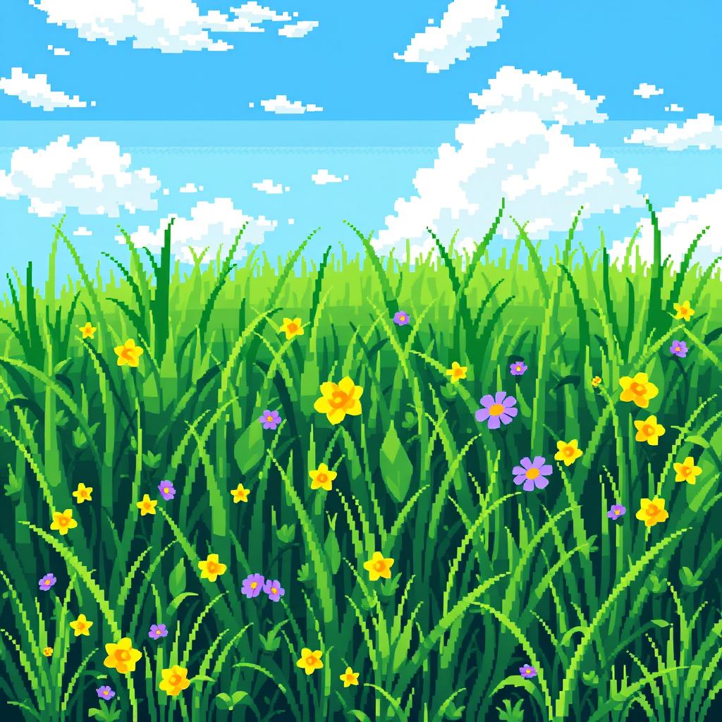 An intricate pixel art representation of a grassy landscape, showcasing various shades of green to depict different types of grass