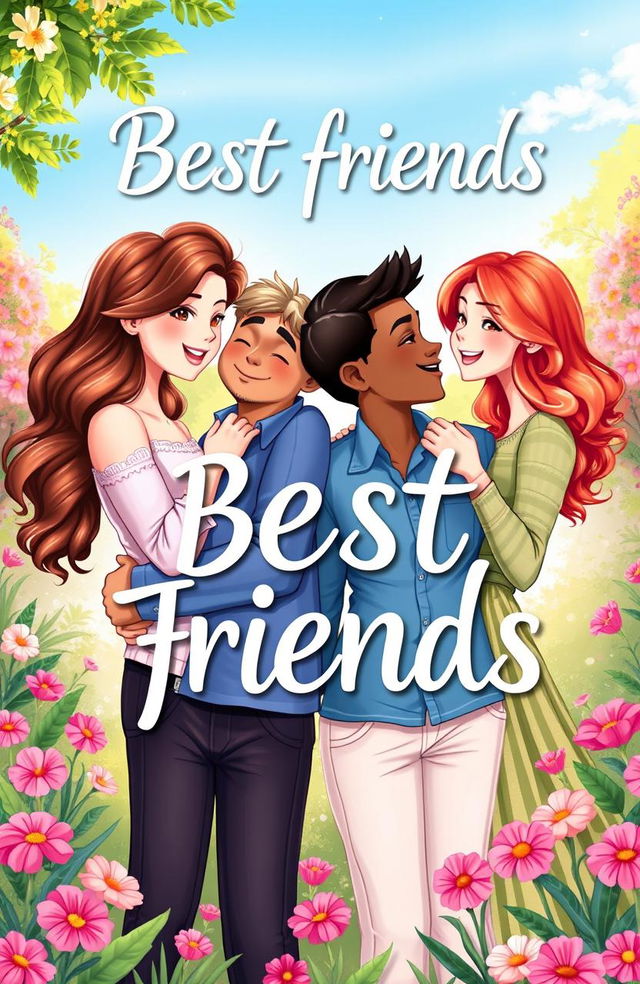 A captivating book cover featuring two best friends and their respective partners, all portrayed as loving couples