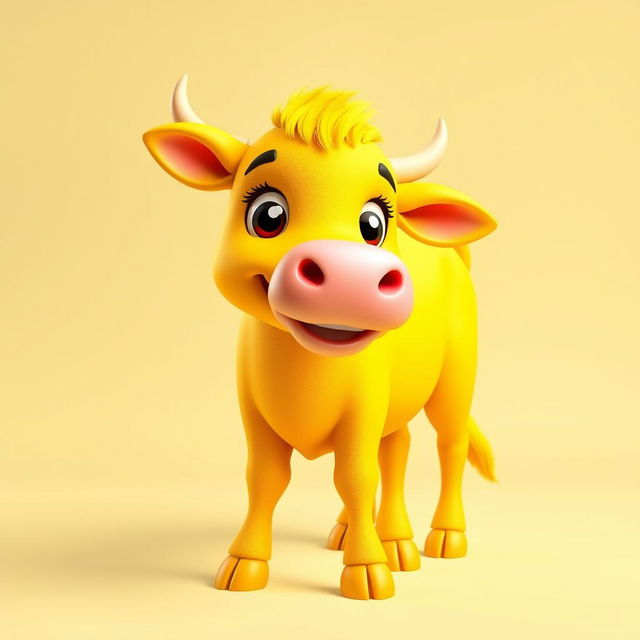 A vibrant 3D profile picture (PFP) of a bright yellow cow that truly dazzles the onlooker with its eye-catching color and friendly demeanor