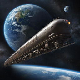 A classic steam space train floating in space, with its tracks also suspended amongst stars, with the planet Earth below.