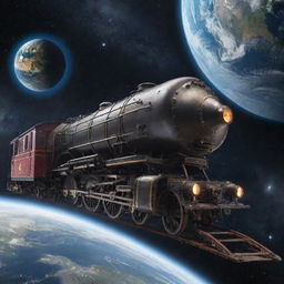 A classic steam space train floating in space, with its tracks also suspended amongst stars, with the planet Earth below.