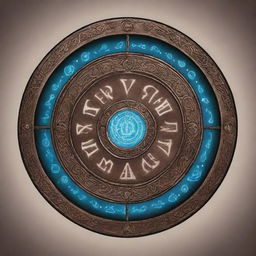 A comic-style illustration of an arcane runic shield from RPG, engraved with glowing magic symbols and emanating a mystic aura.