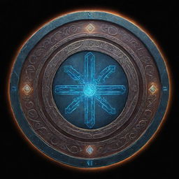 A comic-style illustration of an arcane runic shield from RPG, engraved with glowing magic symbols and emanating a mystic aura.