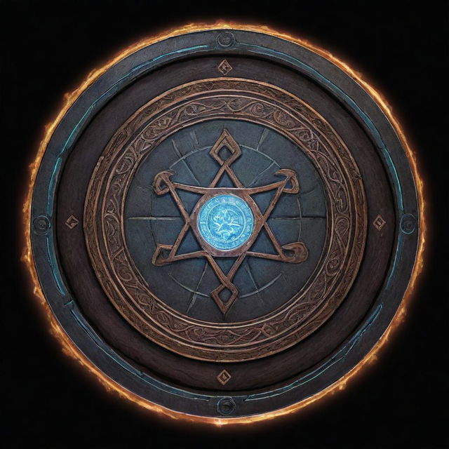 A comic-style illustration of an arcane runic shield from RPG, engraved with glowing magic symbols and emanating a mystic aura.