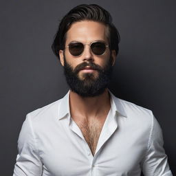 Man with beard and mustache wearing sunglasses and white shirt