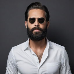 Man with beard and mustache wearing sunglasses and white shirt