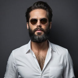 man with beard, mustache, sunglasses, white shirt