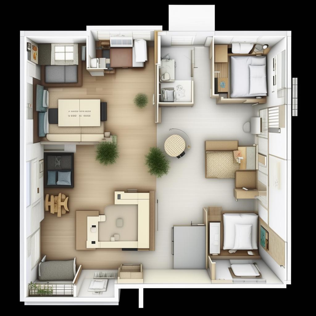 A detailed floor plan for a one-bedroom flat with an internal shower and toilet, designed for students and optimized to fit a 1072m2 land plot.