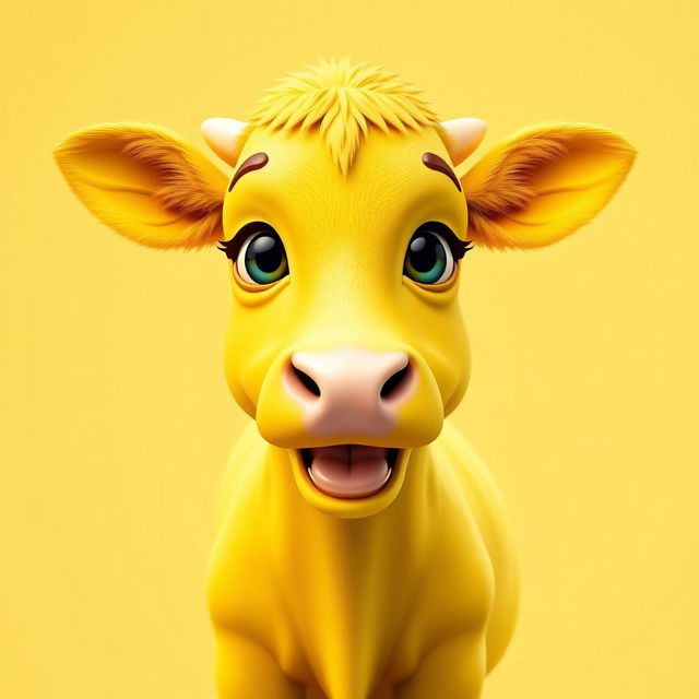 An eye-catching 3D profile picture (PFP) of a dazzling bright yellow cow that captivates and delights viewers with its vibrant color