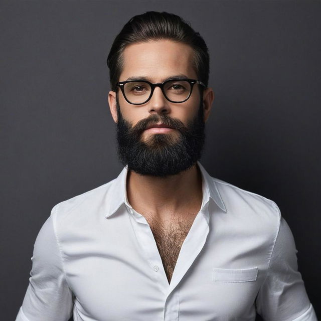 man with beard and mustache wearing white shirt with serious expression