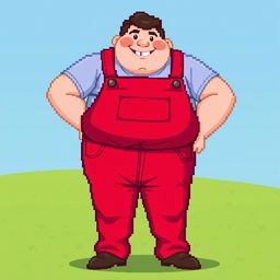 A charming pixel art depiction of an overweight man wearing bright red overalls