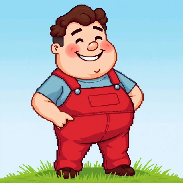 A charming pixel art depiction of an overweight man wearing bright red overalls