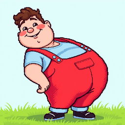 A charming pixel art depiction of an overweight man wearing bright red overalls