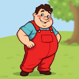 A charming pixel art depiction of an overweight man wearing bright red overalls