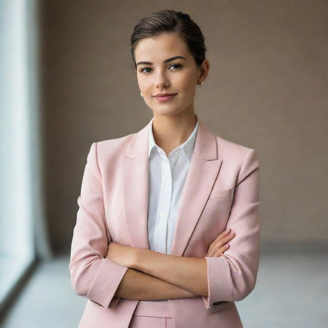 A portrait of a stylish, affluent 20-year-old woman, showcasing her confidence and success through her elegant fashion and grooming.